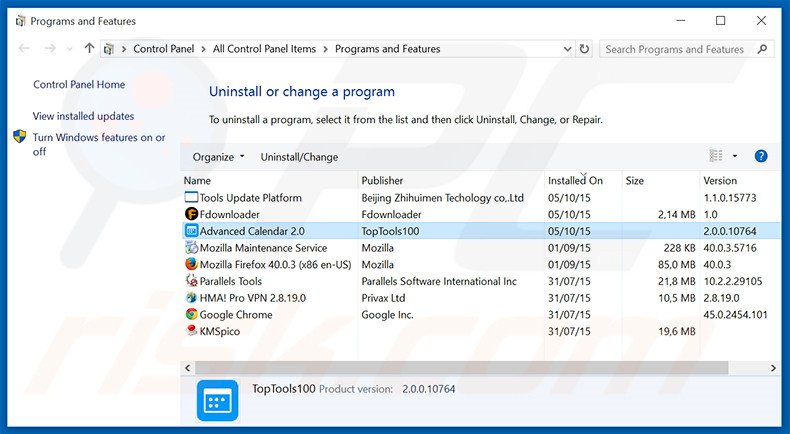 Advanced Calendar adware uninstall via Control Panel