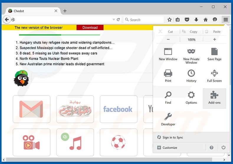Removing Chedot Browser ads from Mozilla Firefox step 1