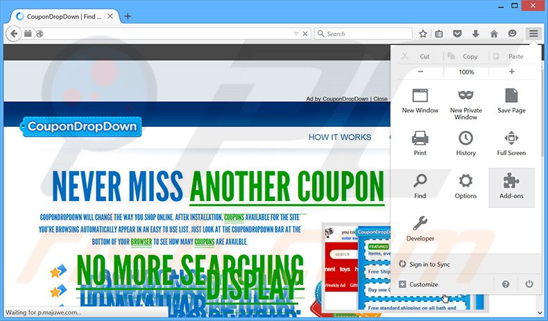Removing CouponDropDown ads from Mozilla Firefox step 1