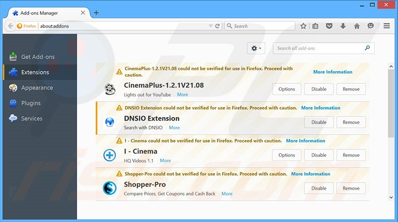 Removing dnsioweb.net related Mozilla Firefox extensions