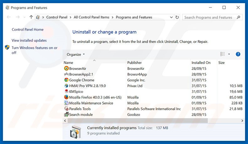 Internet Browser adware uninstall via Control Panel