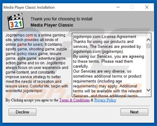 Deceptive installer distributing Jogotempo adware