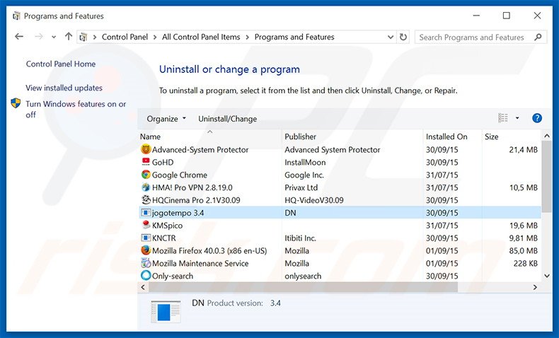 Jogotempo adware uninstall via Control Panel