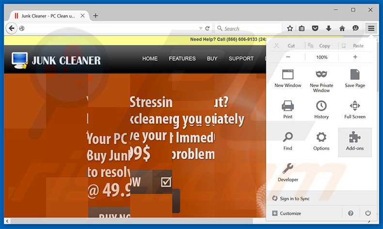 Removing Junk Cleaner ads from Mozilla Firefox step 1