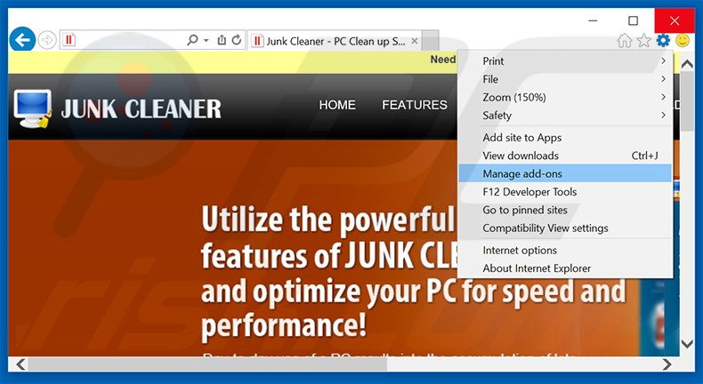 Removing Junk Cleaner ads from Internet Explorer step 1