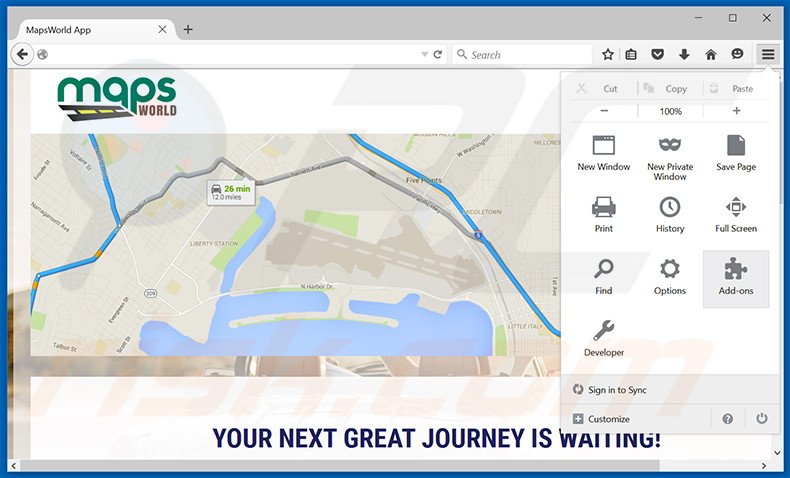 Removing MapsWorld ads from Mozilla Firefox step 1