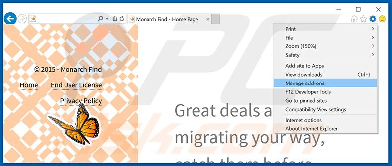 Removing Monarch Find ads from Internet Explorer step 1