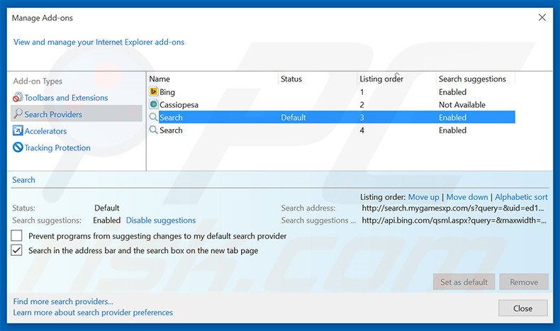 Removing search.mygamesxp.com from Internet Explorer default search engine