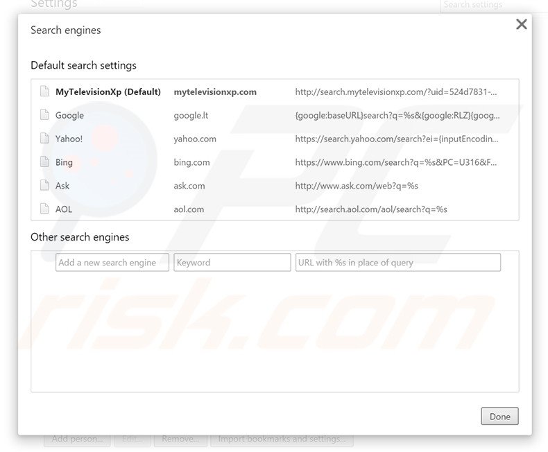 Removing search.mytelevisionxp.com from Google Chrome default search engine