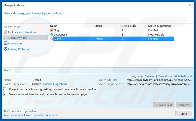 Removing search.mytelevisionxp.com from Internet Explorer default search engine