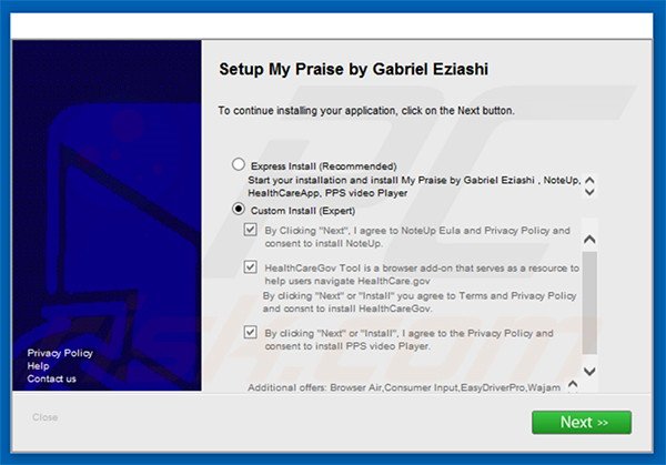 Delusive software installer distributing Note-up adware
