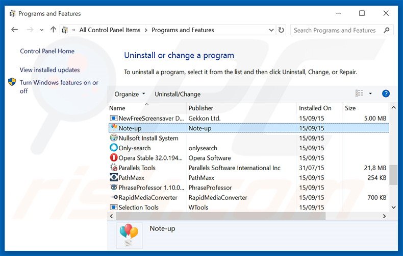 Note-up adware uninstall via Control Panel