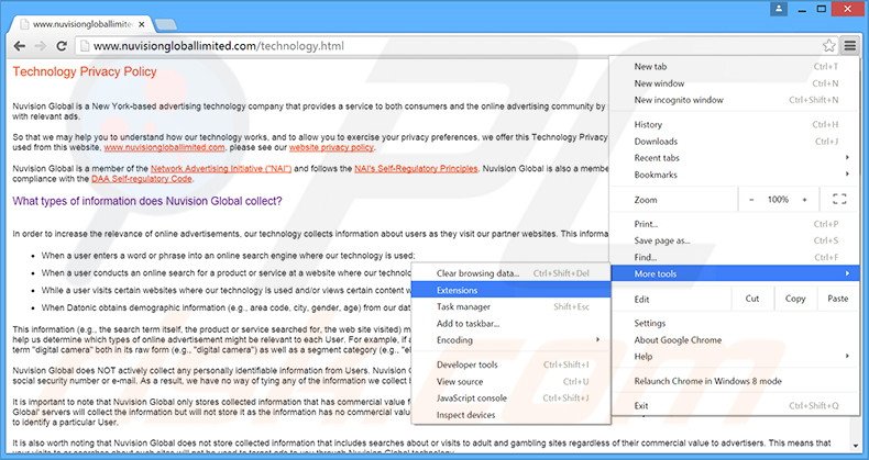 Removing Nuvision Global Data Remarketer  ads from Google Chrome step 1