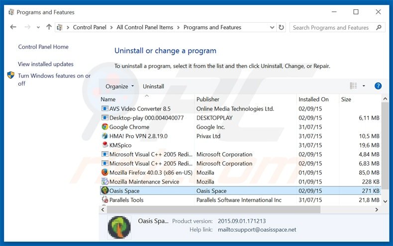 oasis space adware uninstall via Control Panel