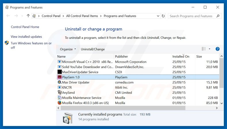 playgem adware uninstall via Control Panel