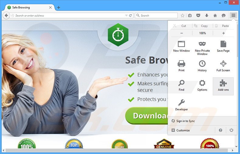 Removing Safe Browsing ads from Mozilla Firefox step 1