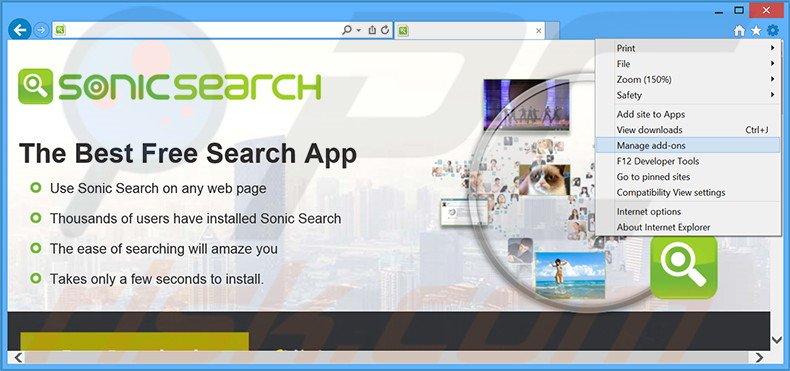 Removing Sonic Search ads from Internet Explorer step 1