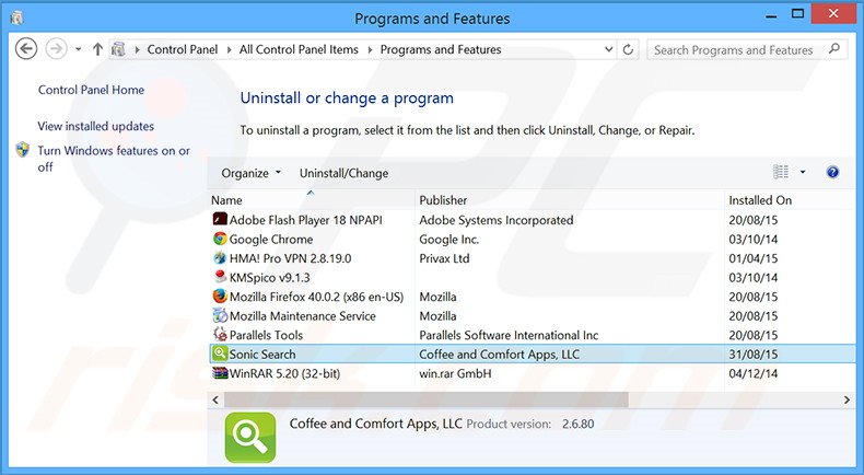 Sonic Search adware uninstall via Control Panel