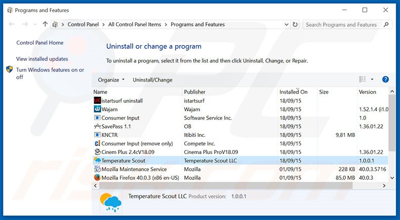 Temperature Scout adware uninstall via Control Panel