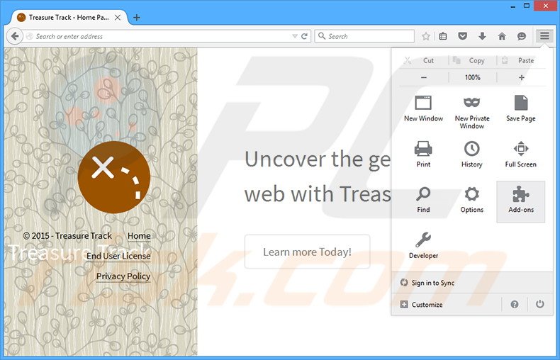 Removing Treasure Track ads from Mozilla Firefox step 1