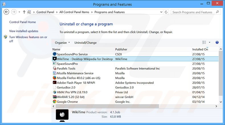 WikiTime adware uninstall via Control Panel