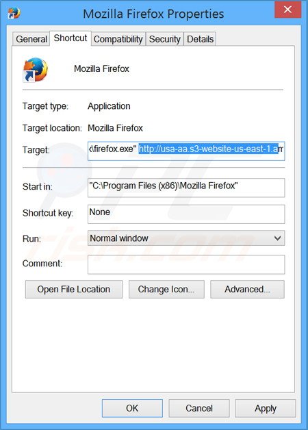 Removing www-search.info from Mozilla Firefox shortcut target step 2