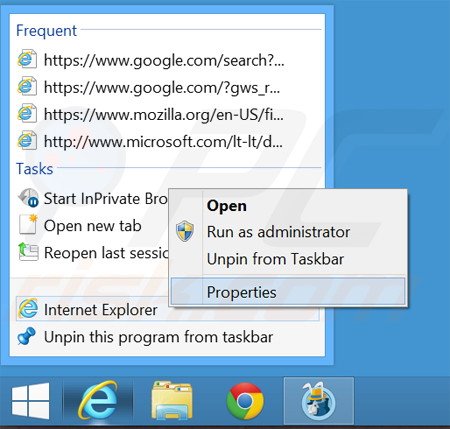 Removing www-search.info from Internet Explorer shortcut target step 1