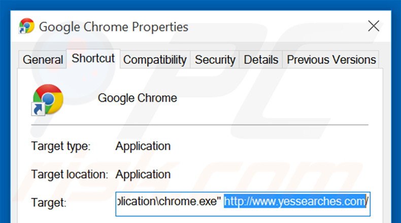 Removing yessearches.com from Google Chrome shortcut target step 2