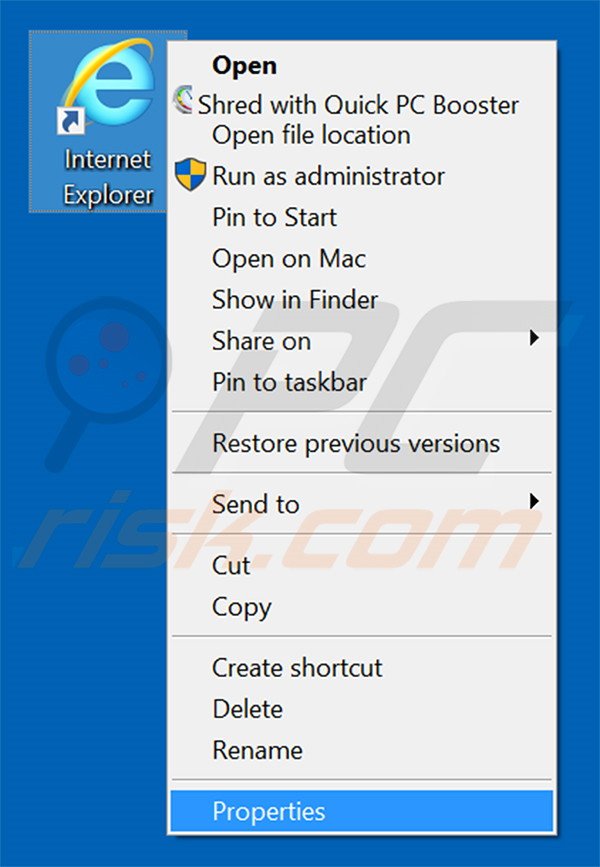Removing yessearches.com from Internet Explorer shortcut target step 1