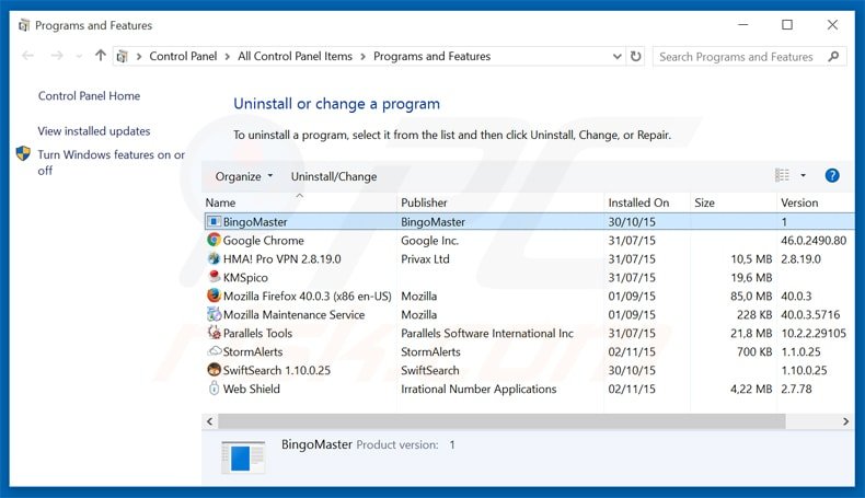 bingomaster adware uninstall via Control Panel