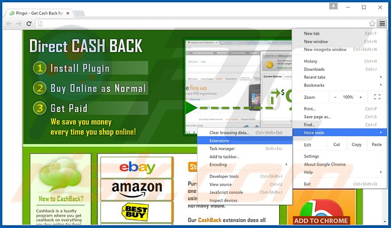 Removing CashBack  ads from Google Chrome step 1