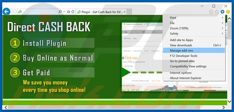 Removing CashBack ads from Internet Explorer step 1
