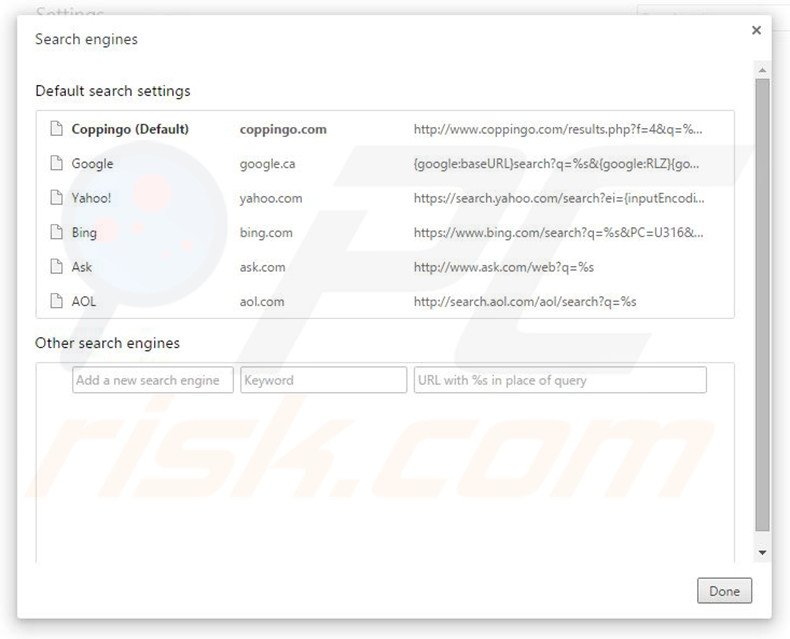 Removing coppingo.com from Google Chrome default search engine