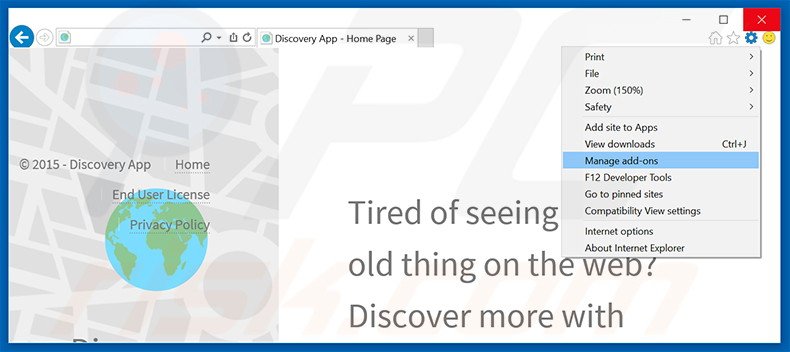 Removing Discovery App ads from Internet Explorer step 1