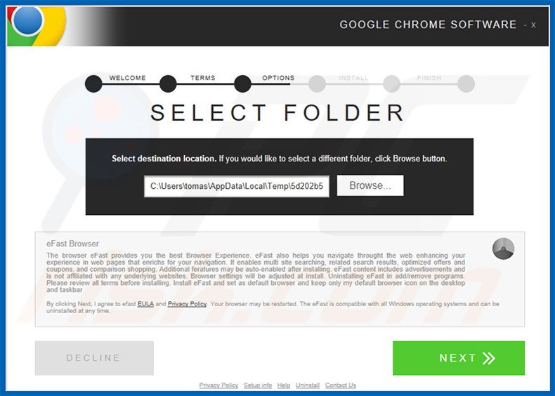 Delusive installer distributing eFast Browser adware