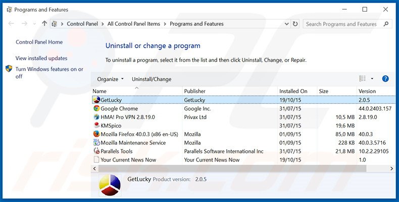 GetLucky adware uninstall via Control Panel