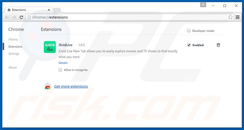 Removing ilividlive.com related Google Chrome extensions