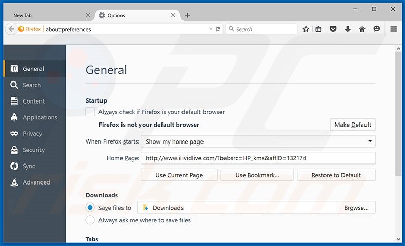 Removing ilividlive.com from Mozilla Firefox homepage