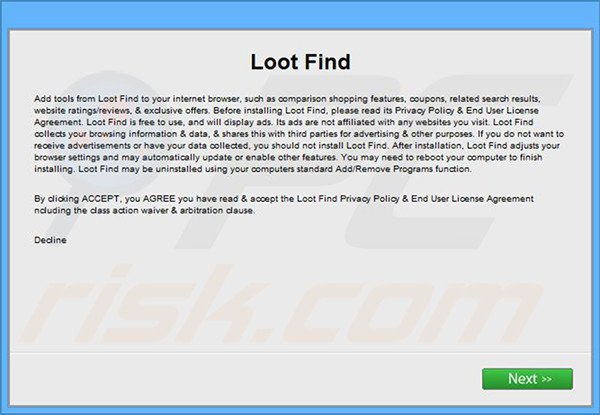 Official Loot Find adware installation setup