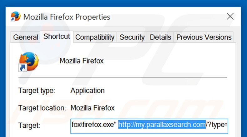 Removing my.parallaxsearch.com from Mozilla Firefox shortcut target step 2