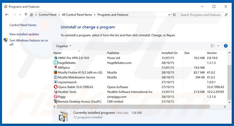 my.parallaxsearch.com browser hijacker uninstall via Control Panel