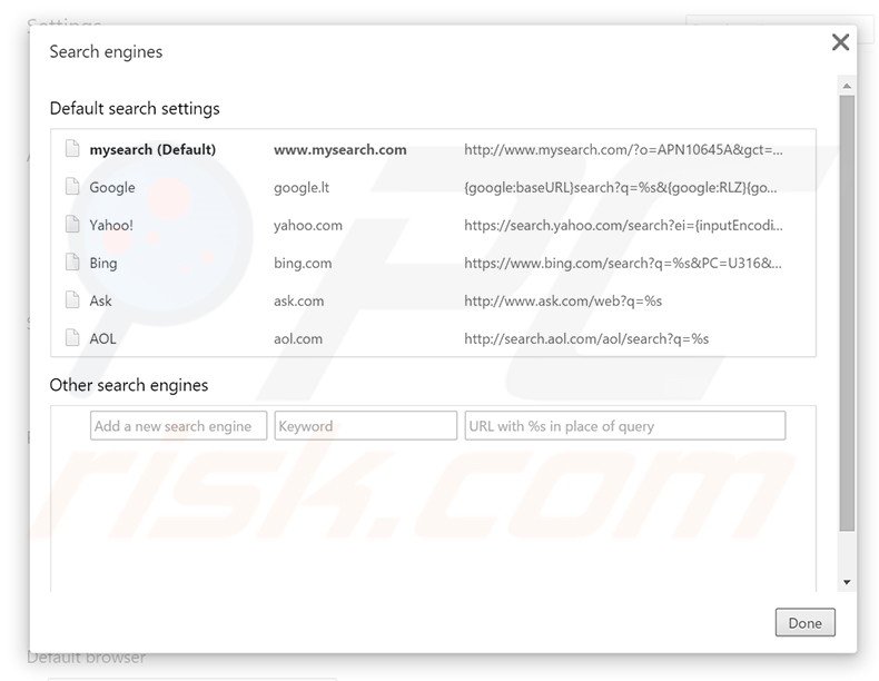 Removing mysearch.com from Google Chrome default search engine