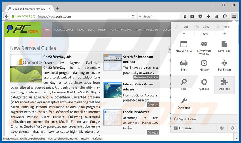 Removing Olcinium Browser ads from Mozilla Firefox step 1