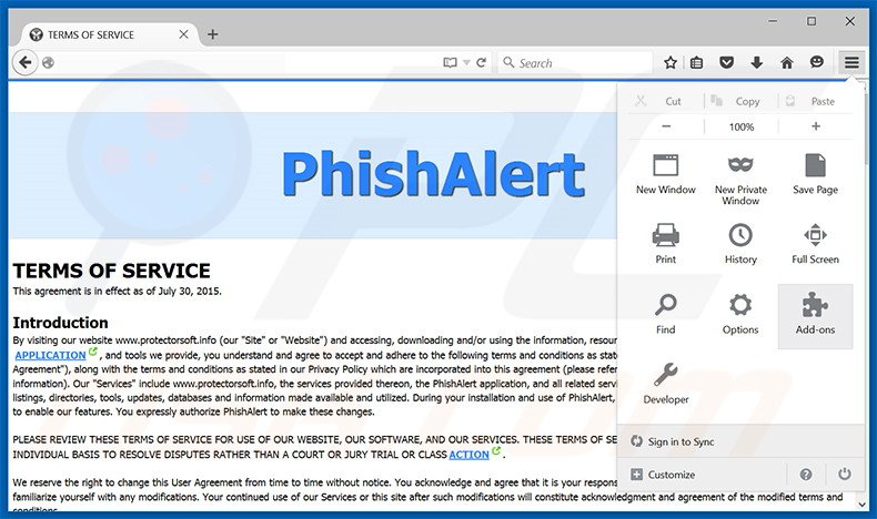 Removing Phishalert ads from Mozilla Firefox step 1