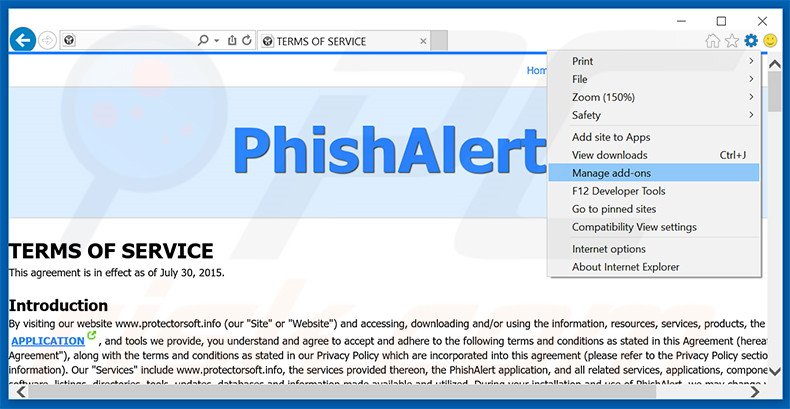 Removing Phishalert ads from Internet Explorer step 1