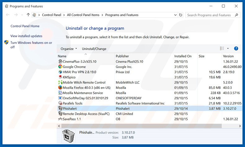 Phishalert adware uninstall via Control Panel