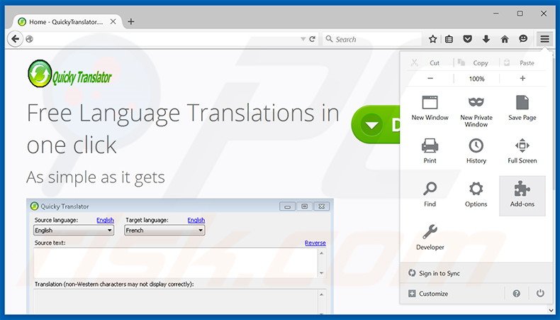 Removing QuickyTranslator ads from Mozilla Firefox step 1