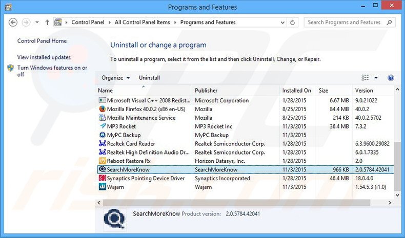 Search Know browser hijacker uninstall via Control Panel