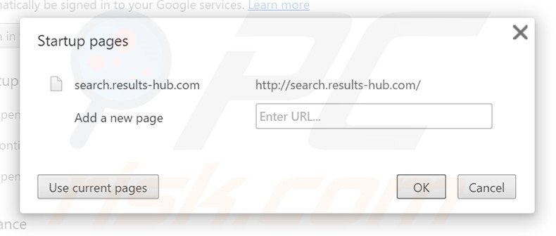 Removing search.results-hub.com from Google Chrome homepage