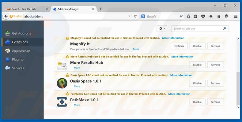 Removing search.results-hub.com related Mozilla Firefox extensions